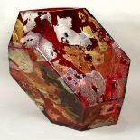 Moderne art glass vase, the abstract geometric form having gilt accents against a ruby red ground,