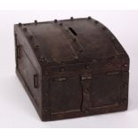 Iron alms box, having a domed lid, above the rectangular case, 4.5"h x 8.5"w