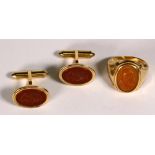 (Lot of 2) Gentlemen's carnelian, 10k yellow gold and gold-filled jewelry Including 1) carnelian