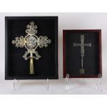 (lot of 2) Framed Ethiopian bishop's crozier, together with an additional hand cross, each having