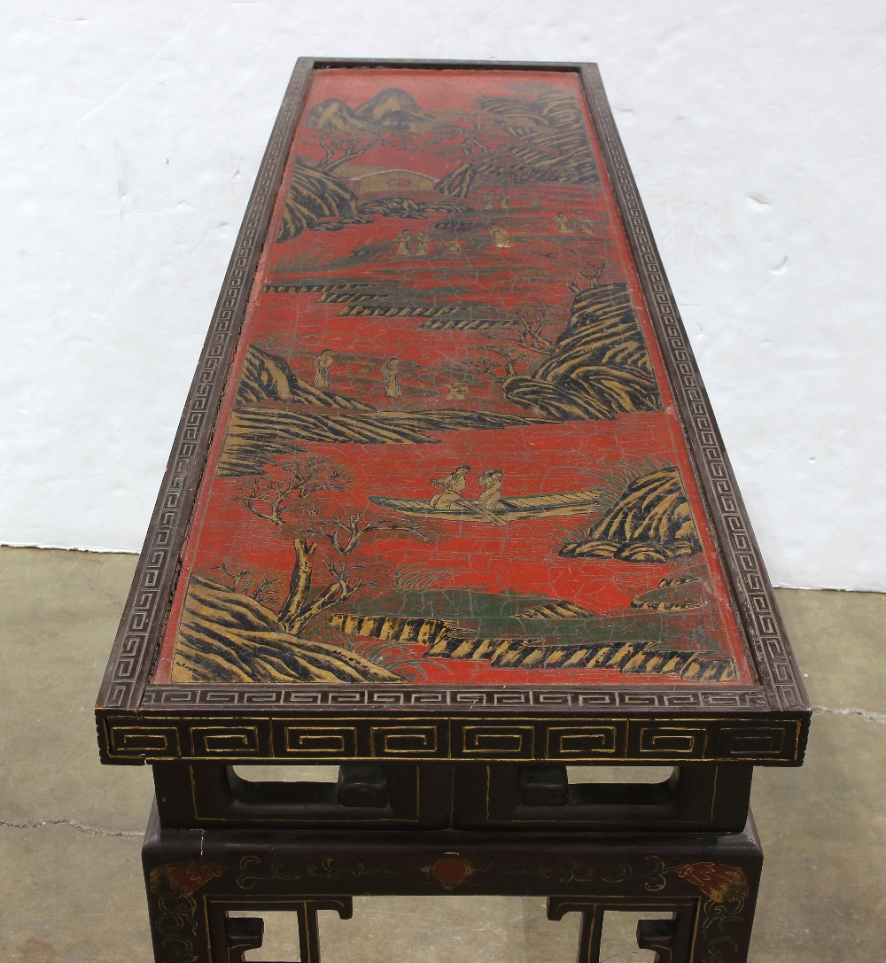 Pair of Chinese altar tables, the top gilt and polychrome decorated with figures in landscape on a - Image 3 of 3