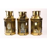 (lot of 3) Nautical brass lanterns, each highly polished with three glass panels, one marked Bulpitt