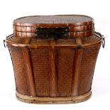 Chinese large woven basket, with a hinged lid above with short neck and flared shoulders, and a