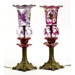 Pair of Victorian style boudoir lamps, each having a clear glass hurricane shade with a ruffled