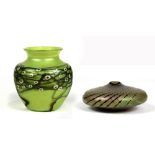 (lot of 2) Art glass vase group, consisting of a baluster form vase, having an iridescent green