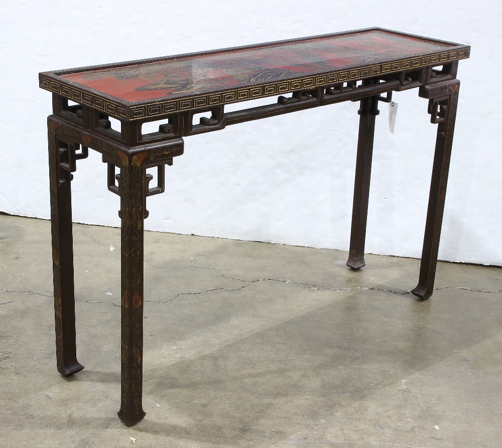 Pair of Chinese altar tables, the top gilt and polychrome decorated with figures in landscape on a - Image 2 of 3