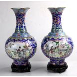 (lot of 2) Chinese painted enameled metal vases, with foliate rim trumpet neck, the globular body