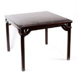 Chinese wooden square table, inset with three floating panels within a plain edge, raised on