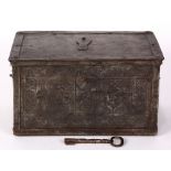 Continental iron strongbox, early 18th centuy, the hinged lid opening to reveal the highly decorated