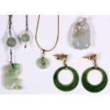 (Lot of 4) Jade, beryl, yellow gold, silver and metal jewelry Including 1) jadeite and 14k yellow