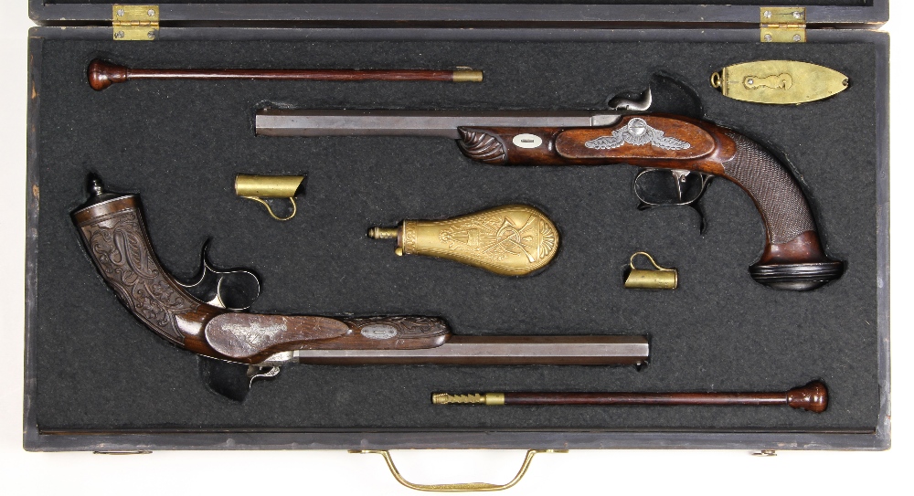 Cased set of French target pistols, mid-19th century, one dueling pistol with ornate foliate - Image 4 of 4