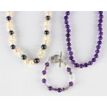 (Lot of 3) Amethyst, cultured pearl, sterling silver and silver jewelry Including 1) 7.9 mm,