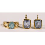 (Lot of 2) Blue topaz, synthetic spinel and yellow gold jewelry Including 1) pair of synthetic