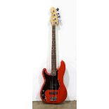 Fender electric bass guitar, left handed, in a fitted hardshell case, 46"l