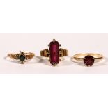 (Lot of 3) Multi-stone, diamond and yellow gold rings Including 1) garnet, rose-cut diamond, 14k