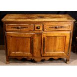 Louis XVI buffet circa 1790, having a rectangular top, above the three drawer case, and rising on
