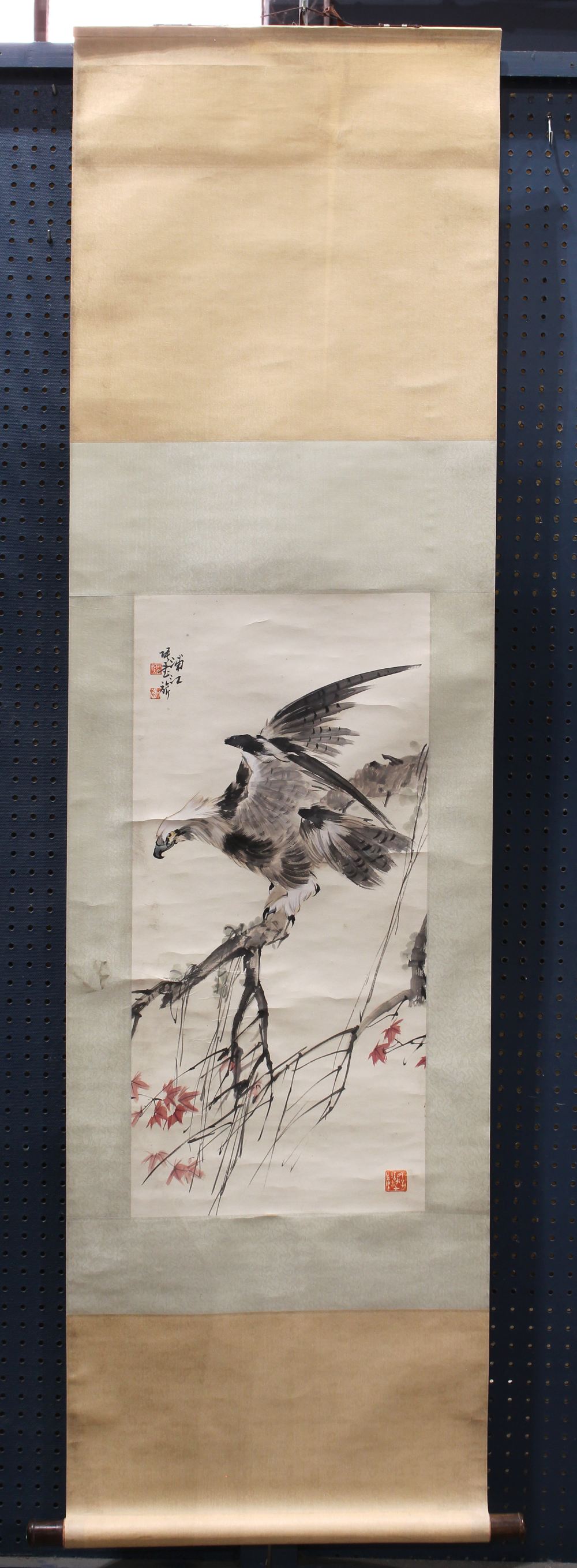 Manner of Zhang Shuqi (Chinese, 1900-1957), Hawk, ink and color on paper, of a fierce bird landing