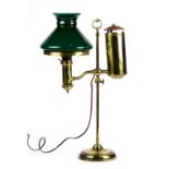 Victorian argand style brass student lamp, having a green glass shade, 20.5"h x 13"w x 7"d