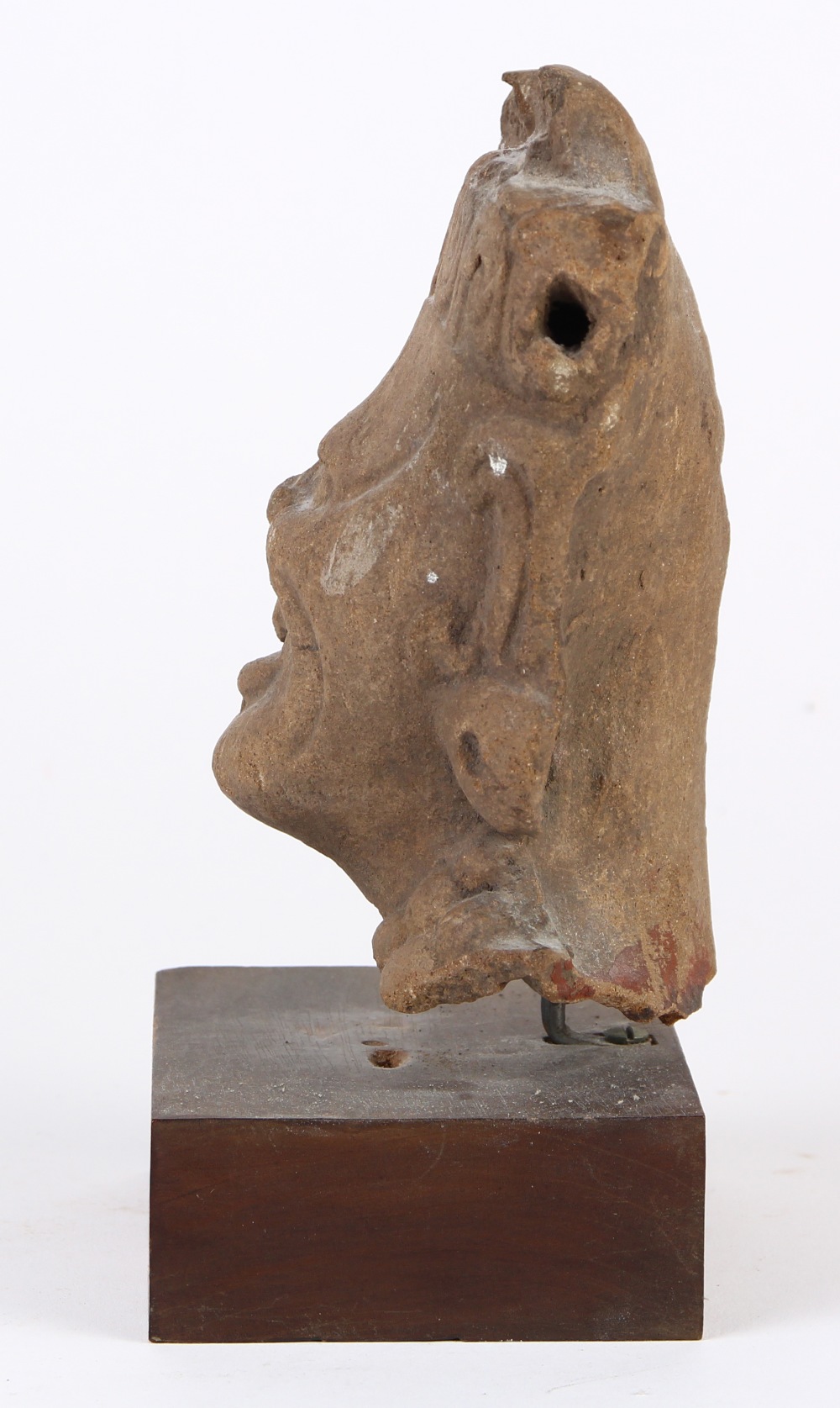 Pre-Columbian Veracruz ceramic head fragment of a lord or deity, the pronounced brow narrowing to an - Image 2 of 6