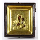 Russian icon, having a gilt oklad and depicting Mother God Smolensk, 7.5"h x 6.5"w