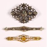 (Lot of 3) Diamond, glass, gold and silver brooches Including 1) Georgian rose-cut diamond and