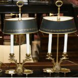 Pair of Italian brass bouillotte lamps, each having a tole green decorated shade, with double