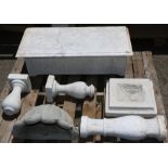 (lot of 6) Marble and concrete architectural elements, including columns, a small bench, a base