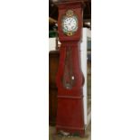 Morbier style tall case clock, having an enamel dial with Arabic script, housed in a polychrome