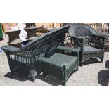 (lot of 3) Palecek wicker patio furniture group, each finished in green, consisting of a settee,