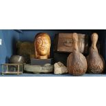 One shelf of decorative art including two carved ducks, an embossed leather casket, etc., 17.5"w