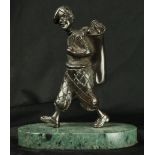 Bronze figural statue titled "The Cheerful Golfer", 20th Century, the whole rising on a marble base,