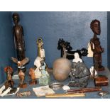 One shelf of assorted of decoratives, consisting of (3) Anri carved wood figurines in period attire,