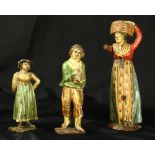 (lot of 3) Primitive Folk Art carved wood figural group, 19th Century, each polychrome decorated,