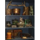 Three shelves of assorted decorative table and vanity articles, consisting of studio ceramic