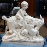 Allegorical white dry cast marble sculpture, depicting (3) putti frolicking with a goat, one putto