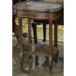 Louis XVI style side table, having a galleried shaped top, above the single drawer case, rising on