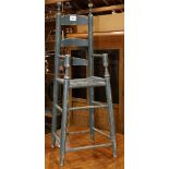 American Primitive childs chair, having ladder back and rush seat, the surface with blue paint,