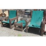 (lot of 3) Modern teak and green canvas "sling" deck chairs, and ottoman, chair: 39"h