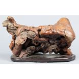 Root wood sculpture, of natural form with gnarled surfaces and grottoes, with wood stand, 14.75"h