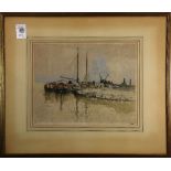 Continental School (20th century), Fishing Boats at Dock, color etching with aquatint, pencil signed