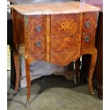 Louis XV style side table, having a shaped marble top, over the (2) drawer conforming case,