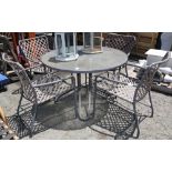 (lot of 5) Outdoor patio furniture group, including a glass top table, 27"h x 41"dia., and four