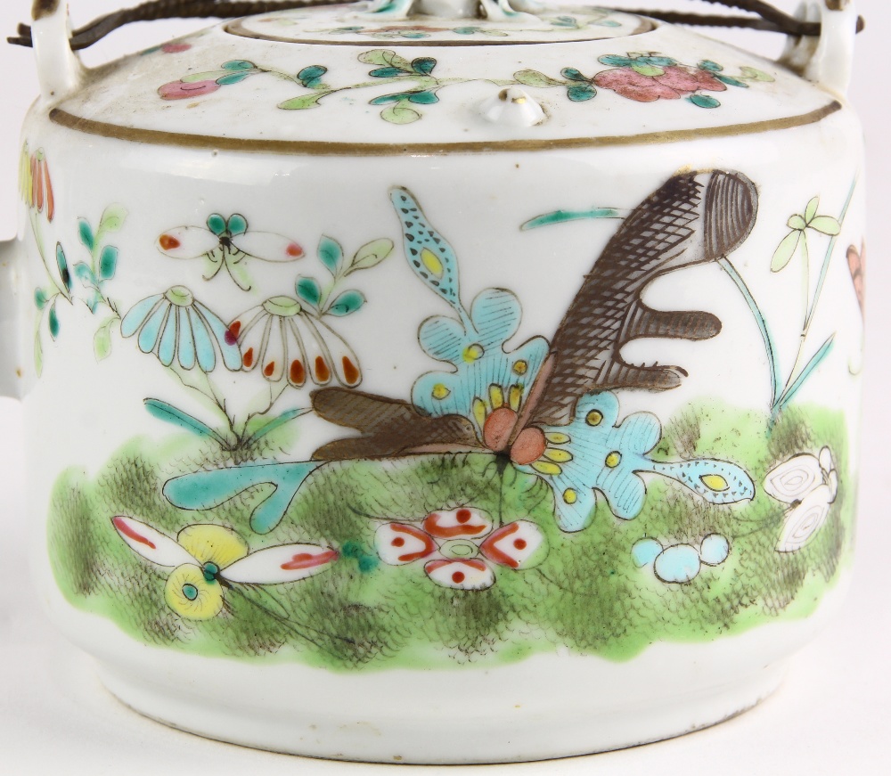 Chinese enameled porcelain teapot, decorated with butterflies and flowers, the lid mounted with a - Image 7 of 7