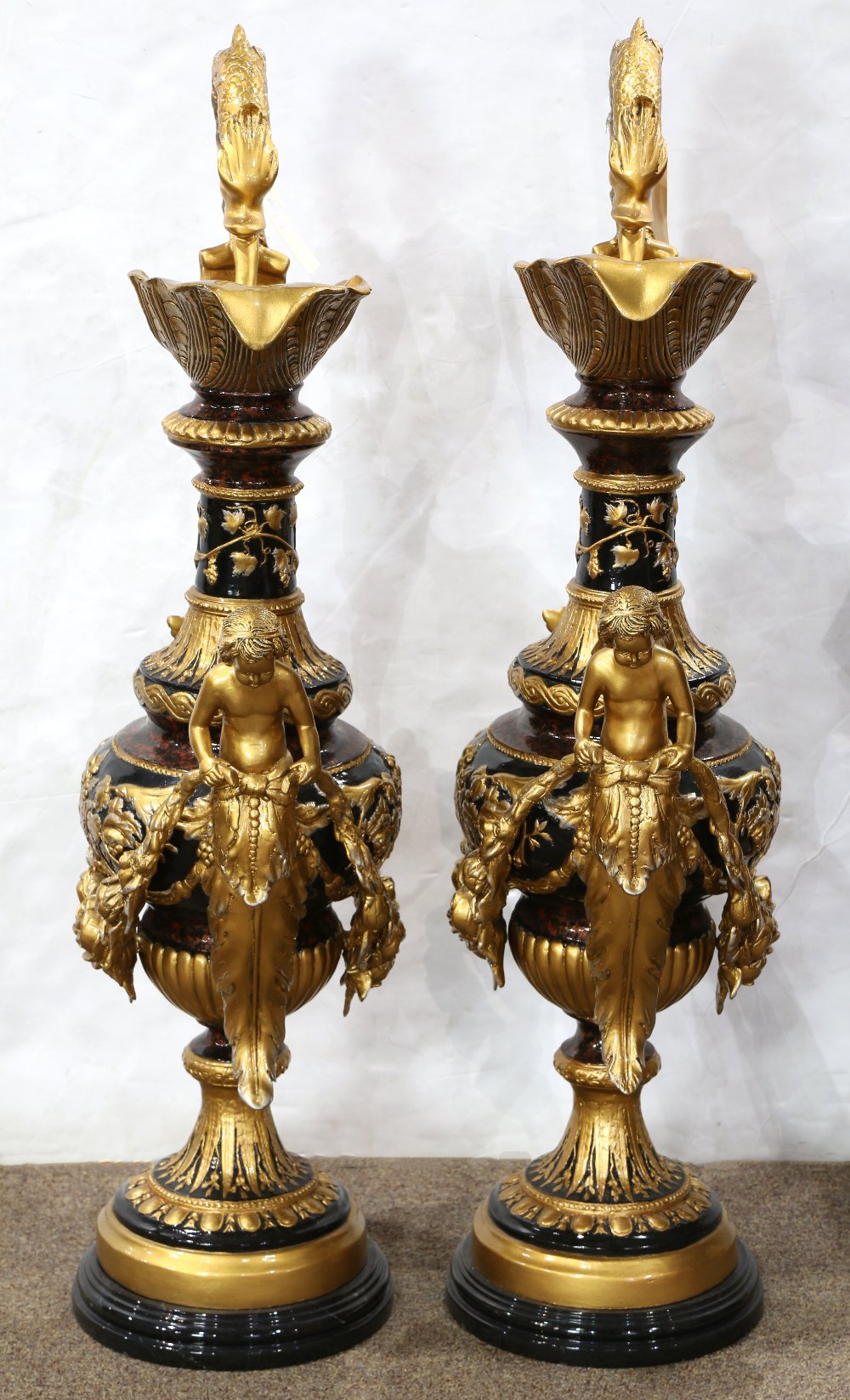 Pair of monumental Neoclassical style ewers, each having a dolphin form handle, above the - Image 2 of 5