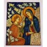 Italian religious painted ceramic plaque depicting two holy figures, one seated, signed "