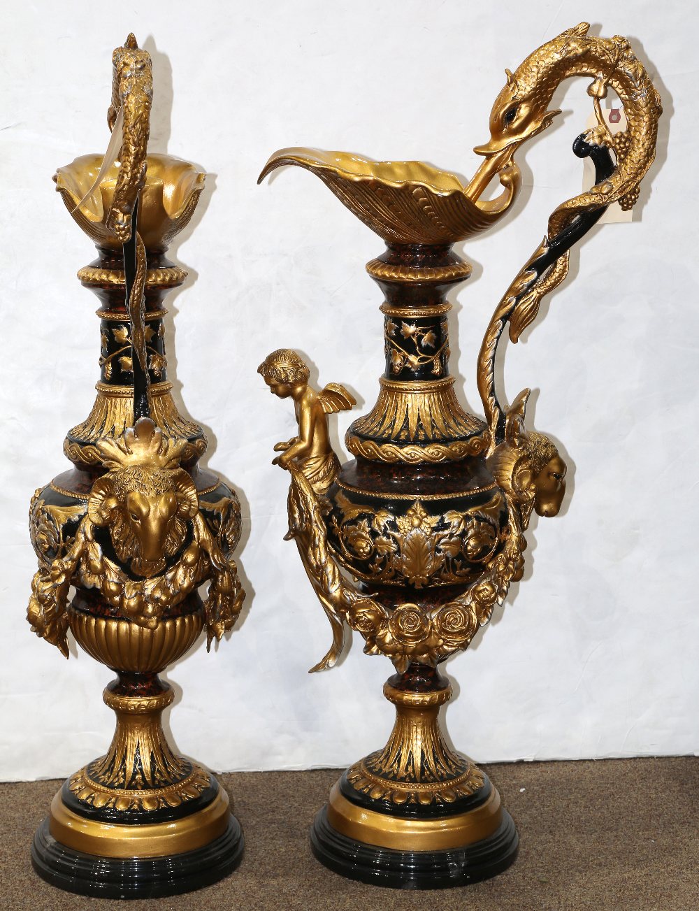 Pair of monumental Neoclassical style ewers, each having a dolphin form handle, above the - Image 3 of 5