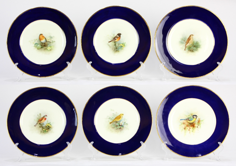 (lot of 6) Royal Worcester hand painted porcelain game plates, each having a hand painted bird