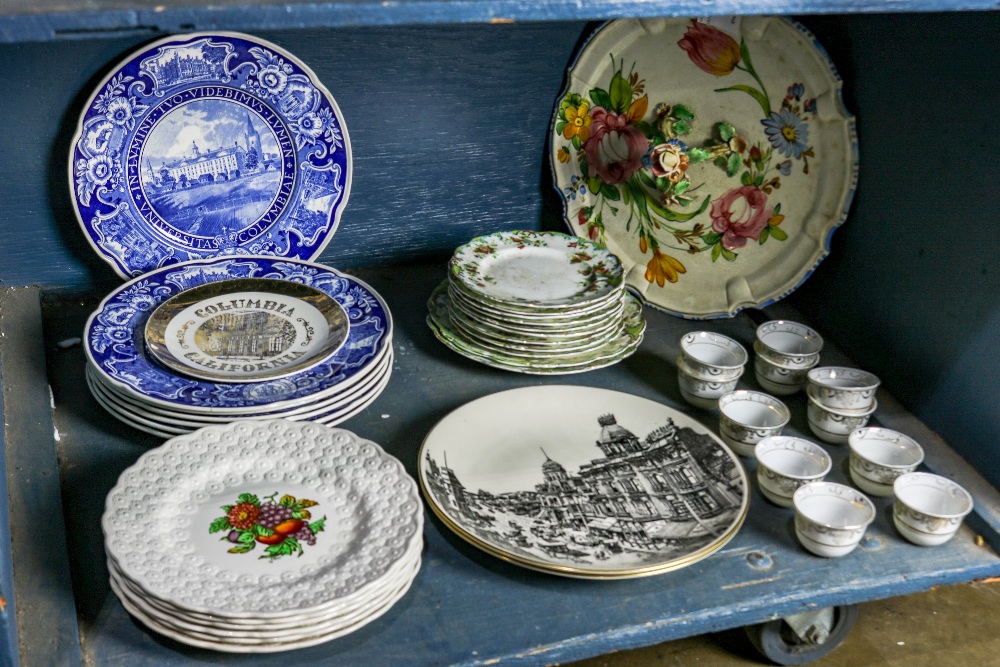 One shelf of assorted porcelain table top items, consisting of (6) Spode porcelain plates, having