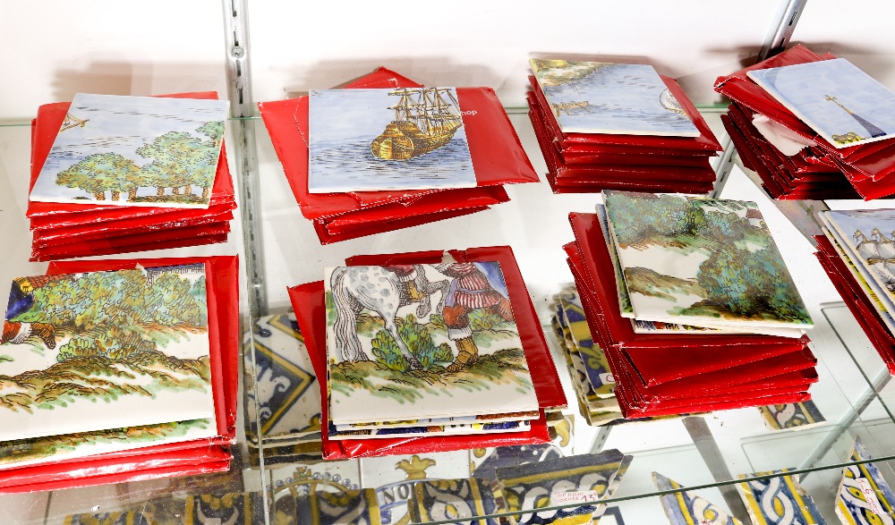 (lot of approx. 60) French faience scenic tiles, polychrome and depicting a Dutch village by the