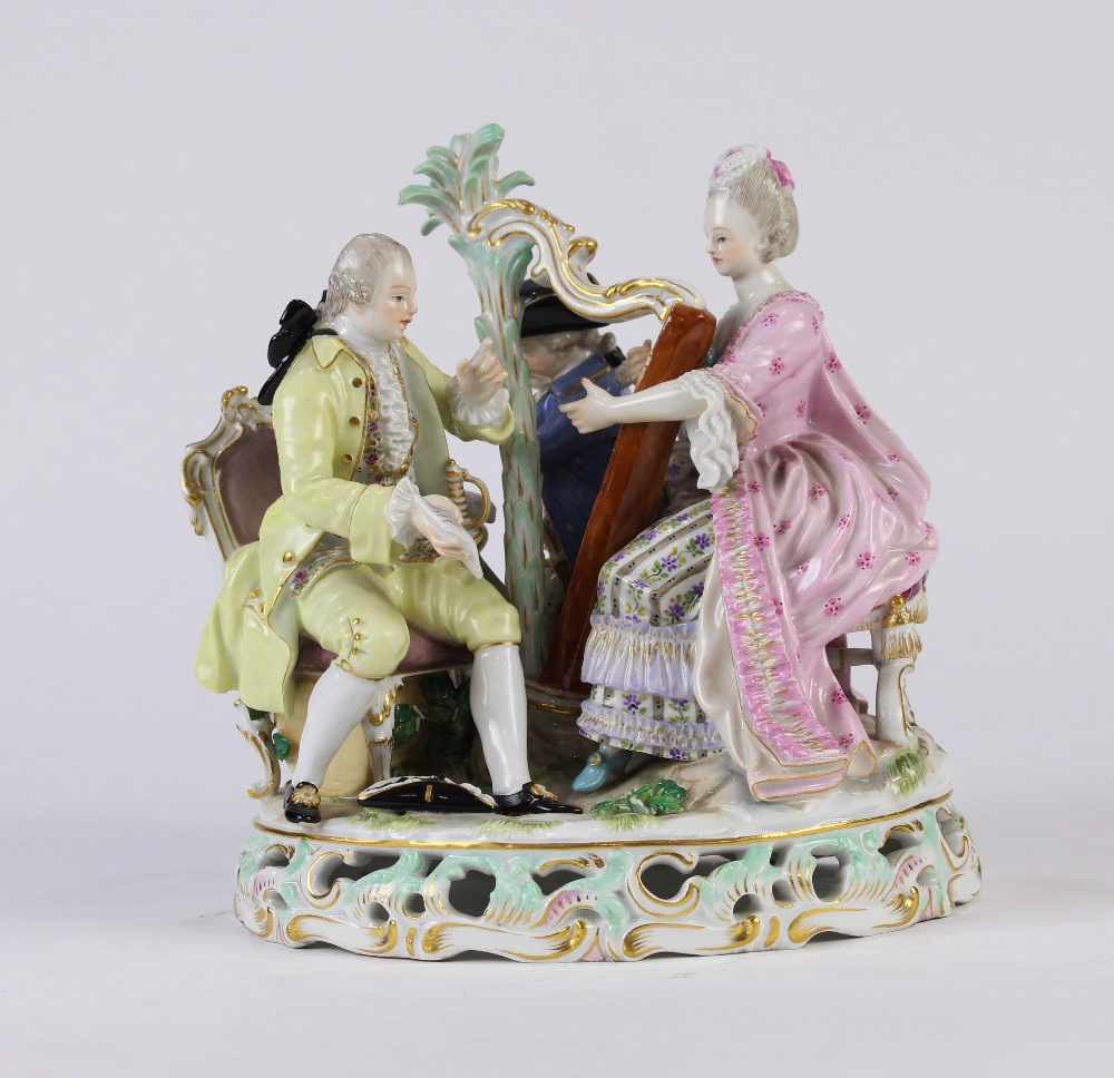 Meissen polychrome decorated porcelain figural group, depicting musicians in Continental dress,